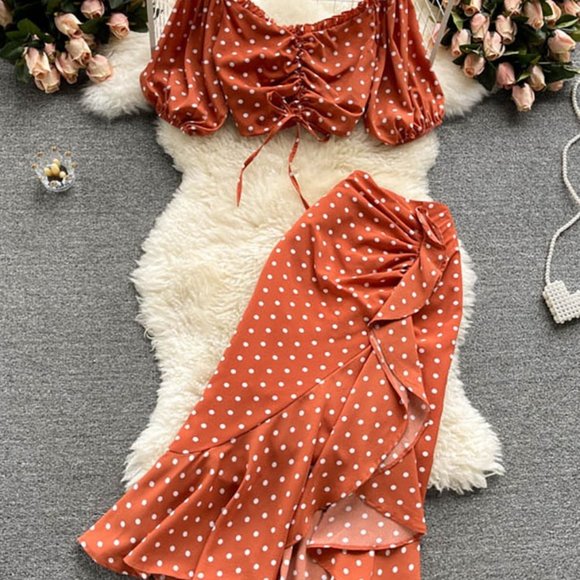 Women Polka Dot Two-Piece Tops and Skirt - Picture 3 of 10